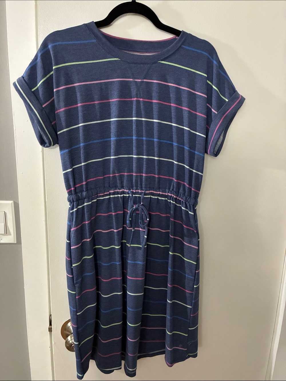 Casual Navy Striped Drawstring Waist Dress